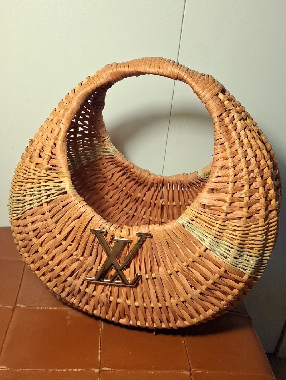 Upcycle Woven Crescent Handbag with Gold LV Accent - Natural Tan